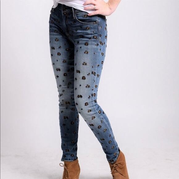 Free People Driftwood Jackie Cheetah Embroidered Denim Skinny Jeans - Picture 1 of 6